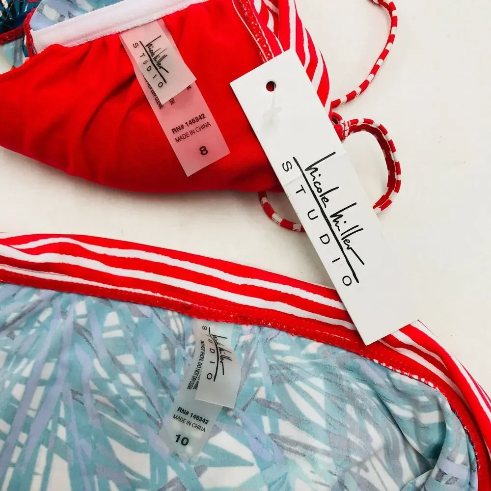 Nicole Miller Women's 10 Bikini Set Multicolor Padded Halter Tie Waist NWT CF18